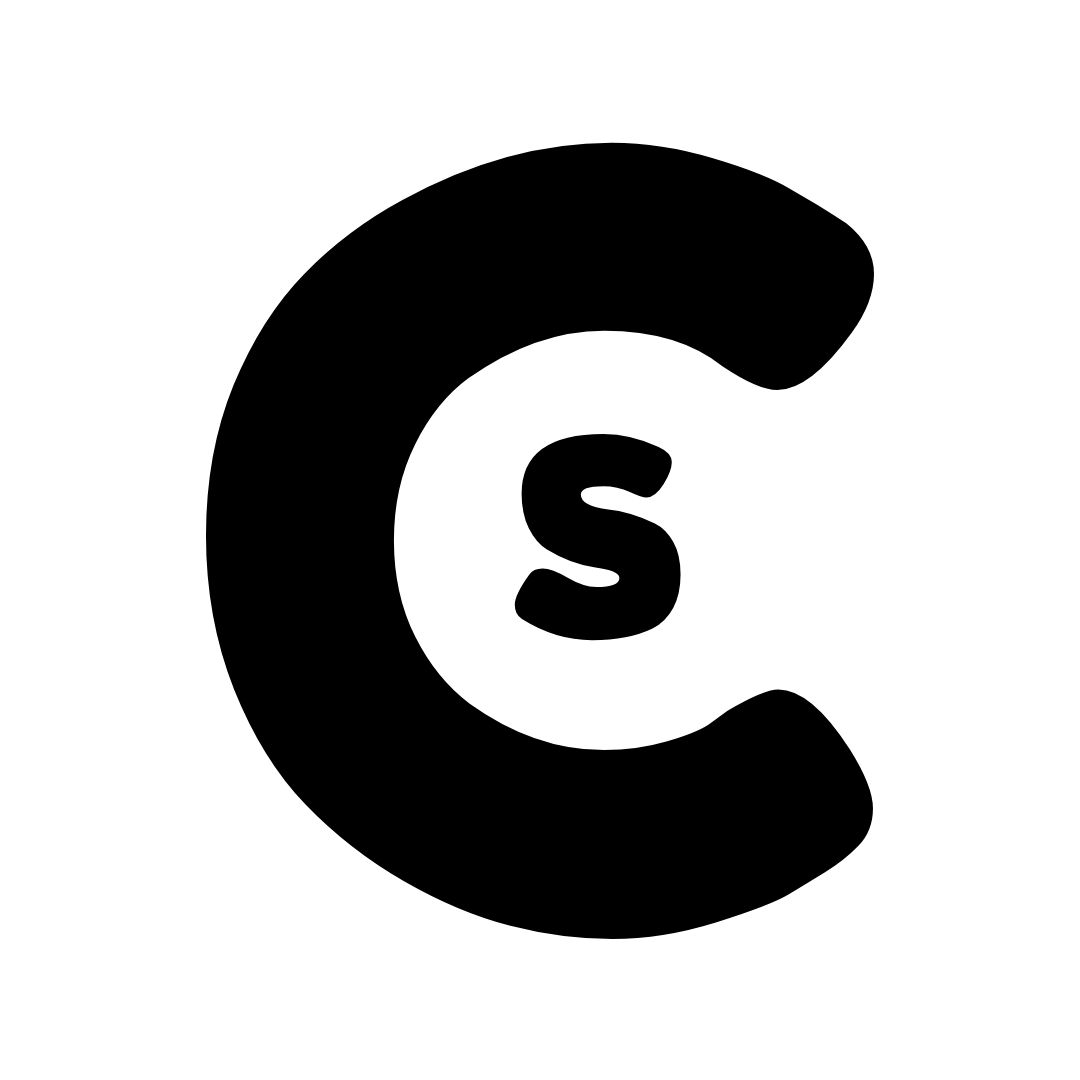 Logo for Cites and Sounds. A large letter C surrounds a small letter S, resembling a cartoon ear